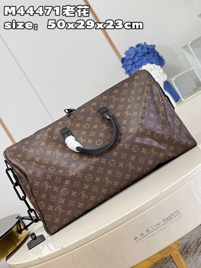 LV專櫃2023新款KEEPALL 50旅行袋 M44471老花 路易威登Monogram花紋搭配啞光橘色鏈帶旅行包 dn1153
